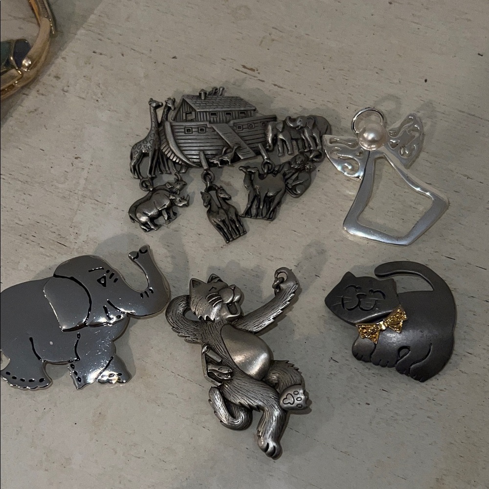 Lot Vintage JJ Ultra Craft silver brooches cat ark elephant angel